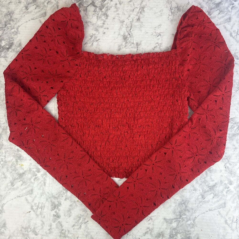 NEW NWT Francesca’s Shaun Mi Ami Red Floral Lace Long Sleeve Crop Top Blouse